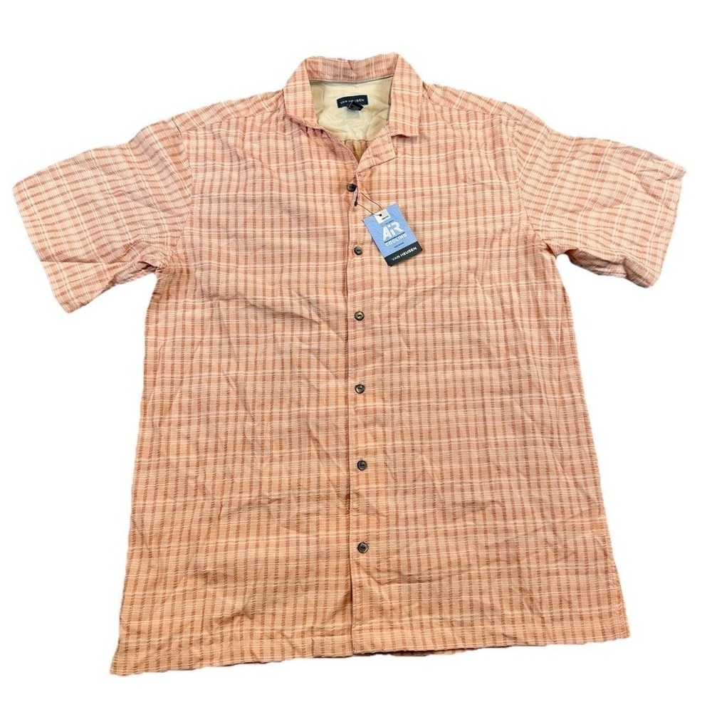 NWT Van Heusen Shirt Men's Orange Plaid Print Cooling Preppy Vacation Normcore